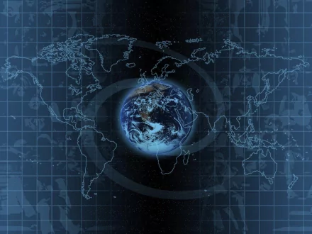 HD wallpaper of Earth centered on a grid map, featuring a glowing world map outline in the background.