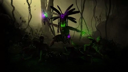 HD Diablo III desktop wallpaper featuring the Witch Doctor character casting glowing green and purple spells in a dark, eerie forest setting from the video game.