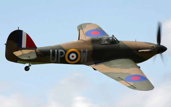 HD desktop wallpaper featuring a Hawker Hurricane military aircraft in flight against a clear sky.