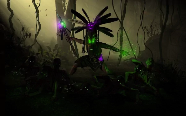 HD Diablo III desktop wallpaper featuring the Witch Doctor character casting glowing green and purple spells in a dark, eerie forest setting from the video game.