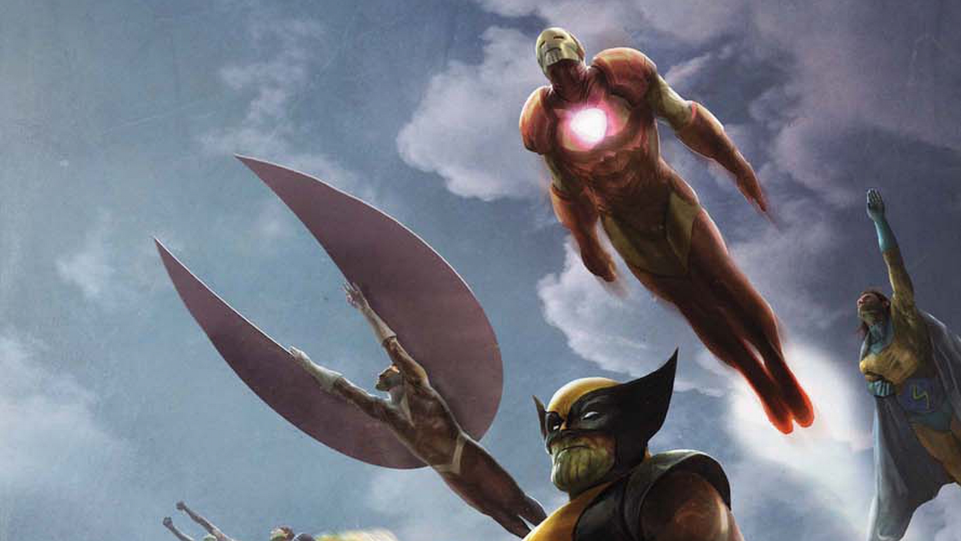 A mighty team of heroes, including Iron Man, Wolverine, Skrull, Sentry, and Falcon, stand ready to defend.