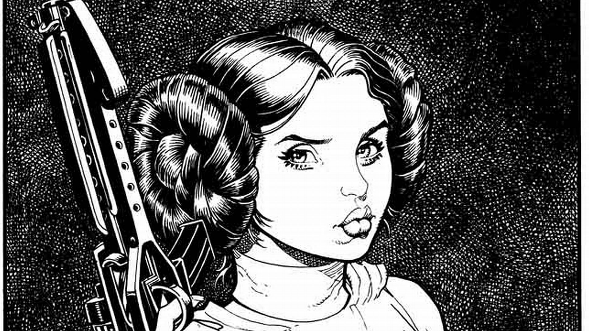 Comic-style HD PC desktop wallpaper of Star Wars Princess Leia in monochrome, holding a blaster with her iconic hair-bun hairstyle.