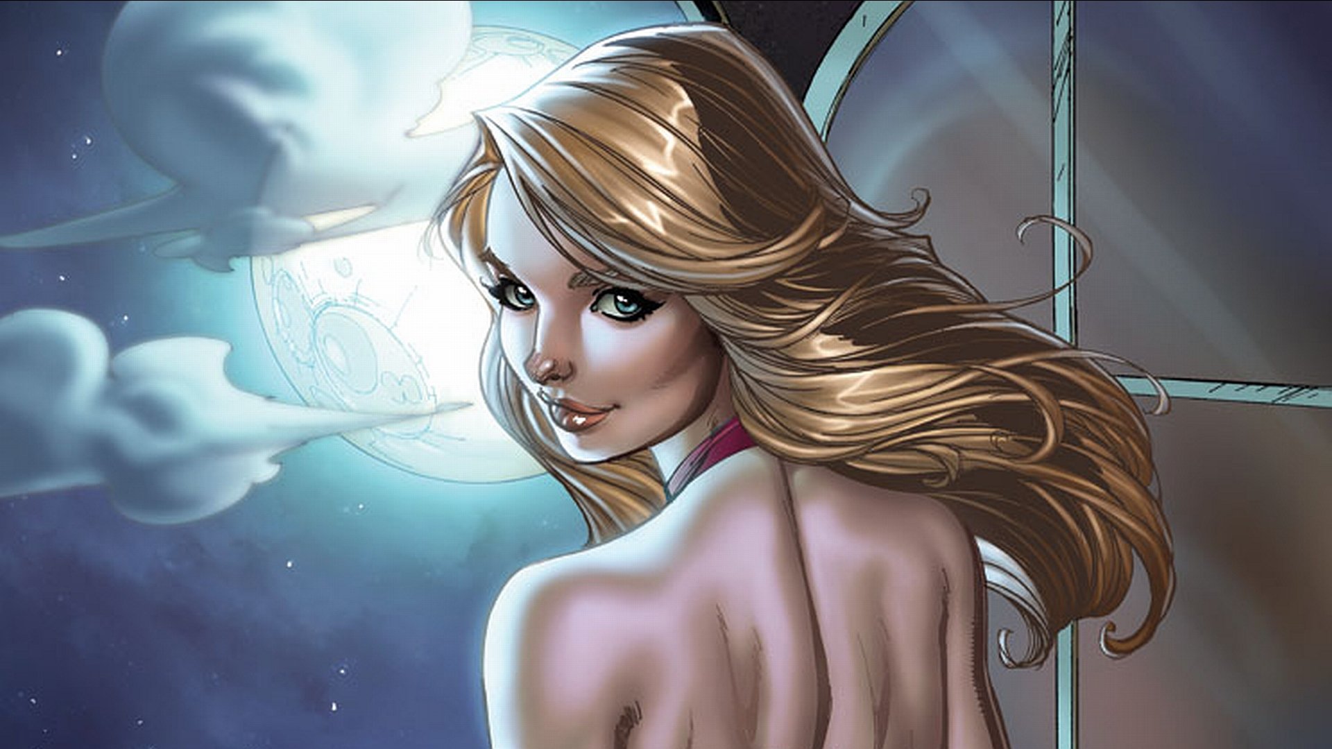 HD comic-style Buffy the Vampire Slayer wallpaper featuring a confident Buffy with flowing hair against a moonlit night sky, designed for PC desktop backgrounds.