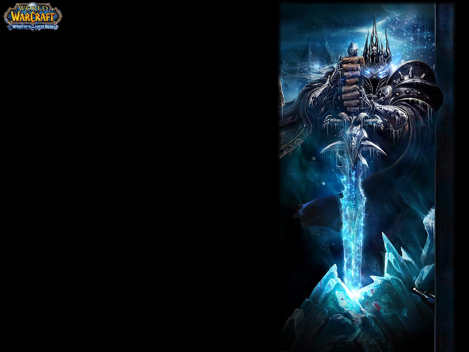 A captivating HD wallpaper from the Warcraft video game, featuring a dark figure wielding an icy sword against a mystical backdrop, embodying the game's epic fantasy allure.