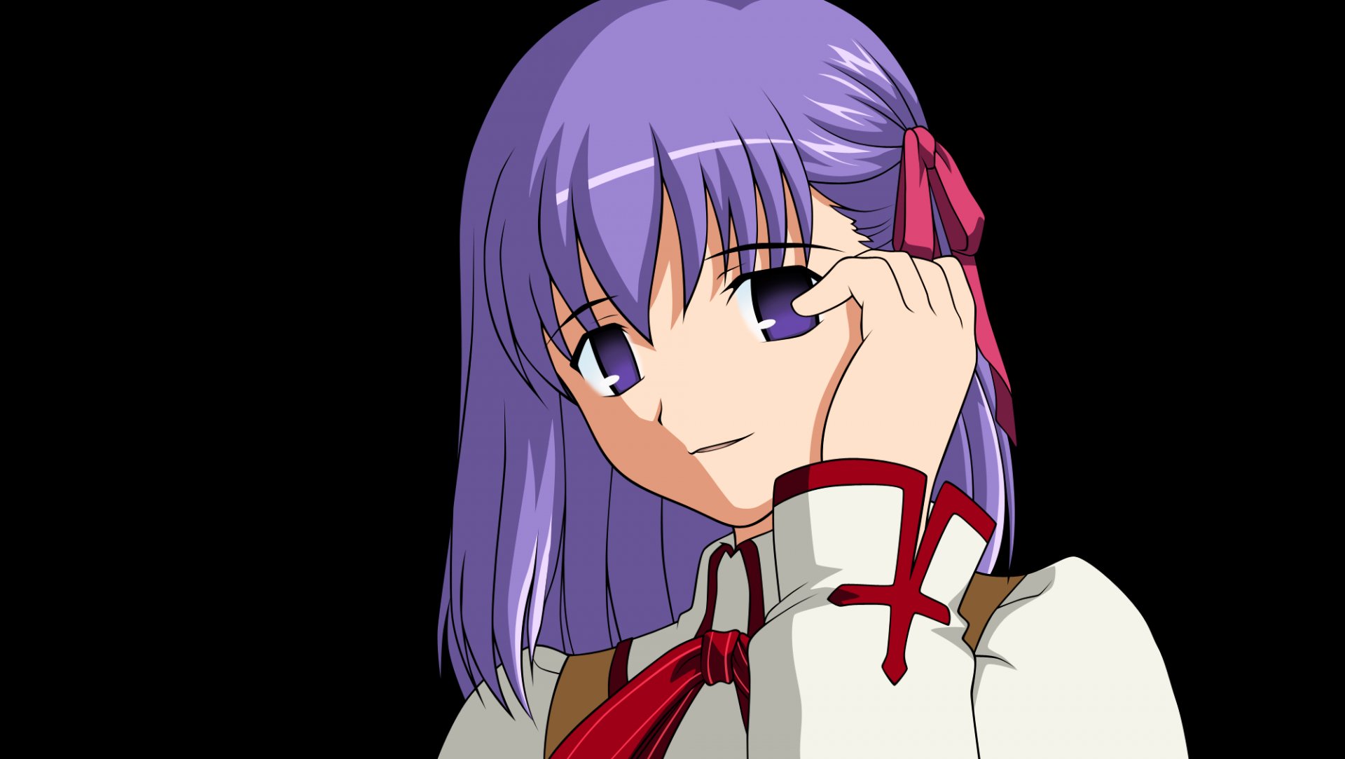HD PC desktop wallpaper featuring Sakura Matou from the anime Fate/Stay Night, showcasing her with purple hair and a gentle expression.