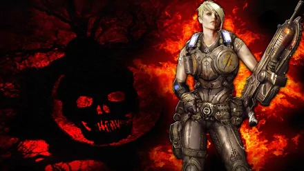 HD PC desktop wallpaper/background from the video game Gears Of War 3: armored female soldier wielding a heavy gun stands before a fiery red skull emblem.