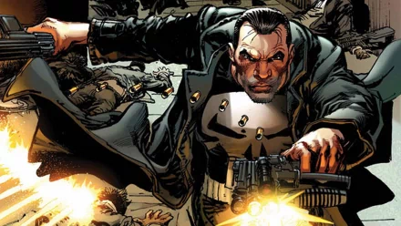HD comic-style desktop wallpaper of Frank Castle, the Punisher, aiming a weapon amidst action-packed chaos and gunfire.