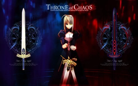 HD desktop wallpaper featuring Saber Alter from Fate/Stay Night. The image presents a dark, intense atmosphere with intricate designs and the words 'Throne of Chaos'. Tags: Saber (Fate Series), Anime.