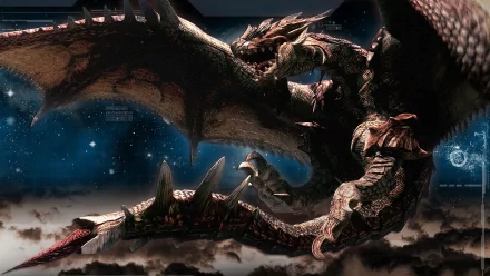 A dynamic HD wallpaper featuring Rathalos from Monster Hunter 3, showcasing the fearsome dragon soaring through a dramatic, starry background.