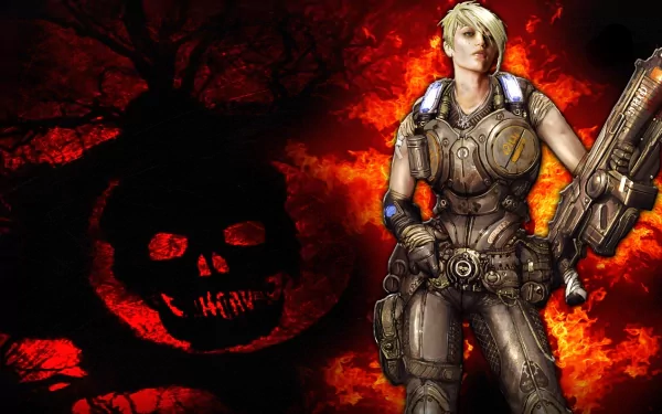 HD PC desktop wallpaper/background from the video game Gears Of War 3: armored female soldier wielding a heavy gun stands before a fiery red skull emblem.