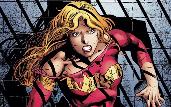 A dynamic portrayal of Cassandra Sandsmark, known as Wonder Girl, from DC Comics, showcasing her fierce expression and flowing blonde hair in vibrant comic art.