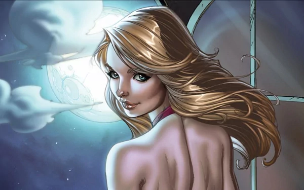 HD comic-style Buffy the Vampire Slayer wallpaper featuring a confident Buffy with flowing hair against a moonlit night sky, designed for PC desktop backgrounds.