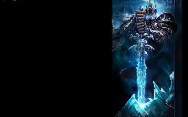 A captivating HD wallpaper from the Warcraft video game, featuring a dark figure wielding an icy sword against a mystical backdrop, embodying the game's epic fantasy allure.