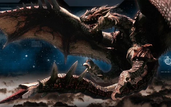 A dynamic HD wallpaper featuring Rathalos from Monster Hunter 3, showcasing the fearsome dragon soaring through a dramatic, starry background.