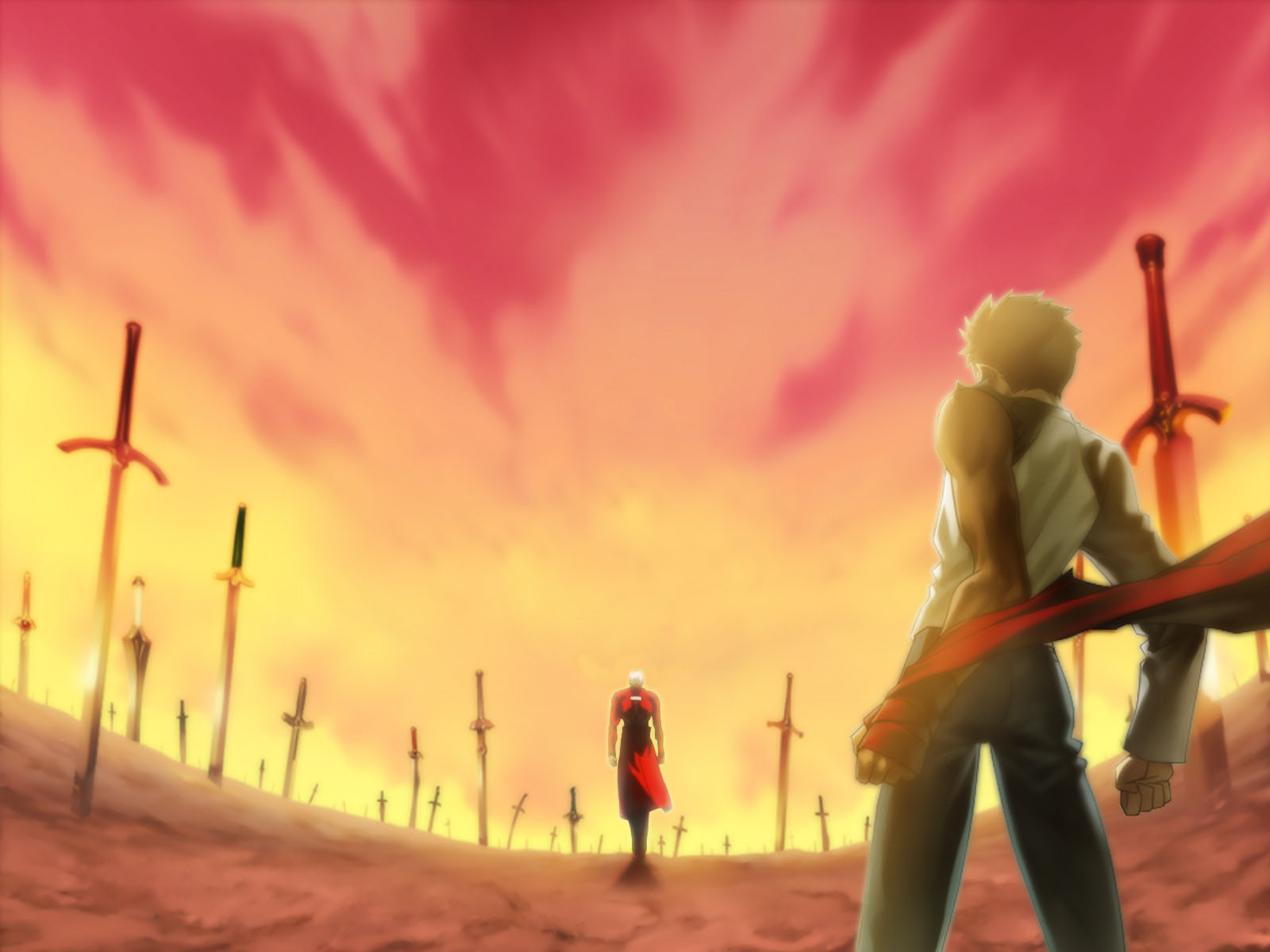 Shirou Emiya and Archer from the anime Fate/Stay Night: Unlimited Blade Works on a vibrant desktop wallpaper.