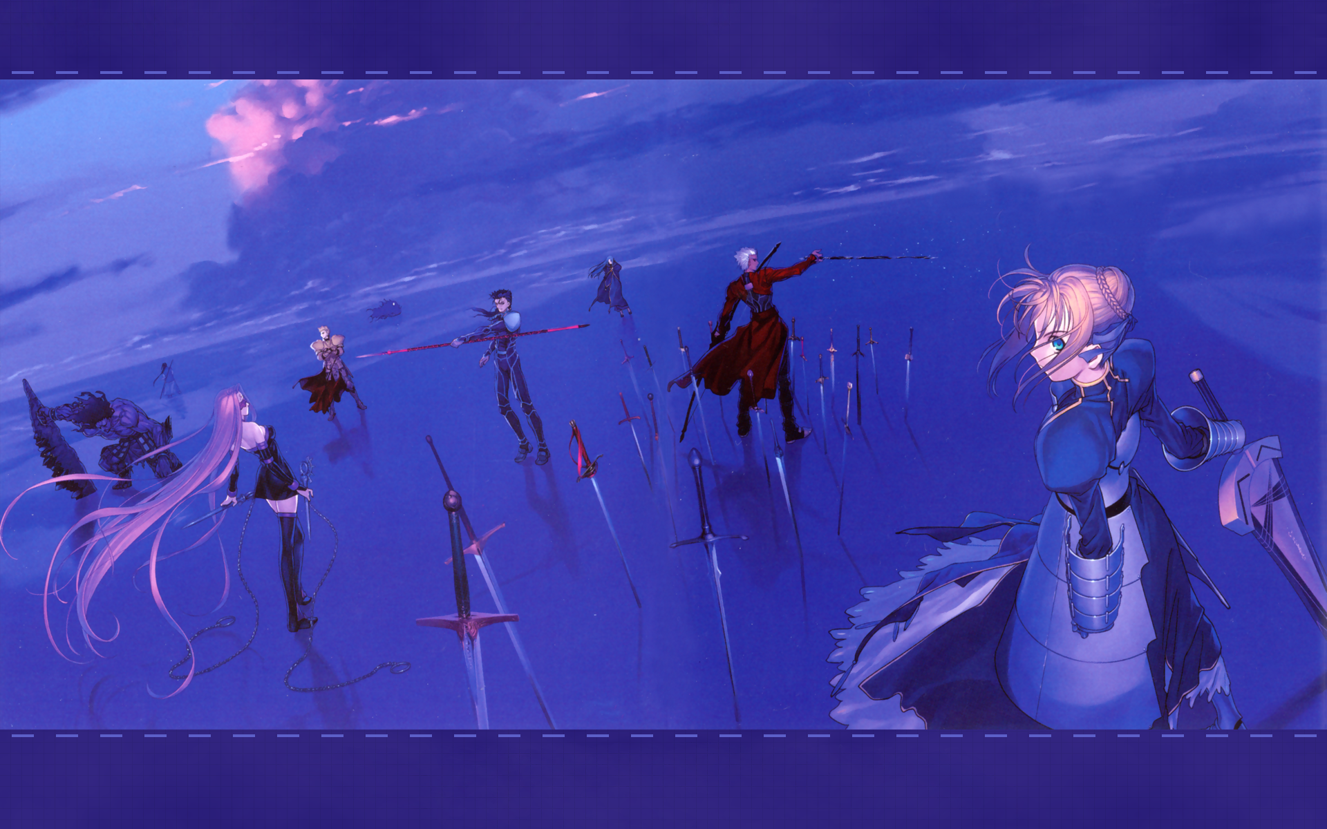 Fate/stay night anime characters including Saber, Lancer, Gilgamesh, Caster, Berserker, Rider, Assassin, and Archer in a desktop wallpaper.