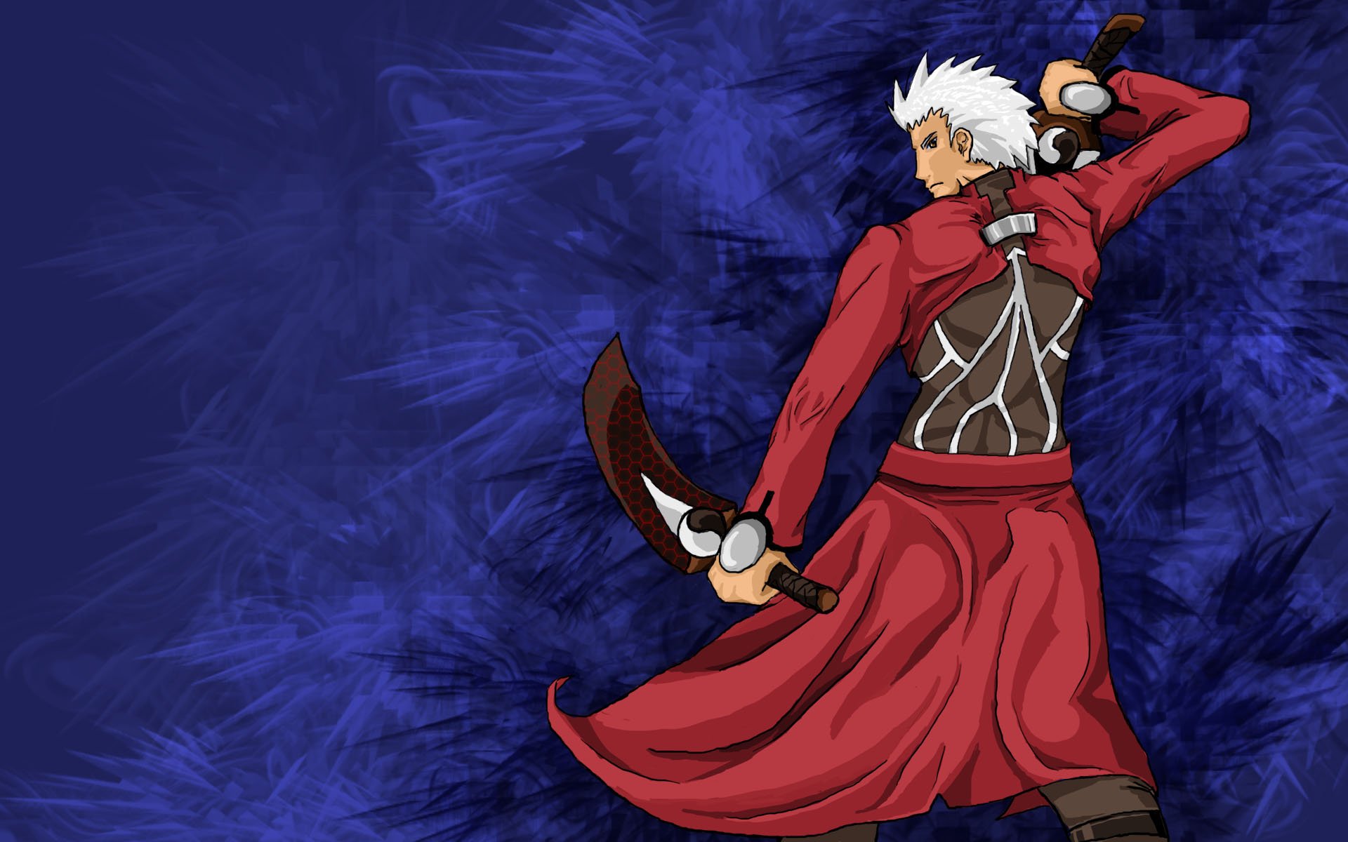 Archer (Fate/Stay Night) in his red coat, holding a bow against a deep blue textured backdrop — HD anime PC desktop wallpaper/background.