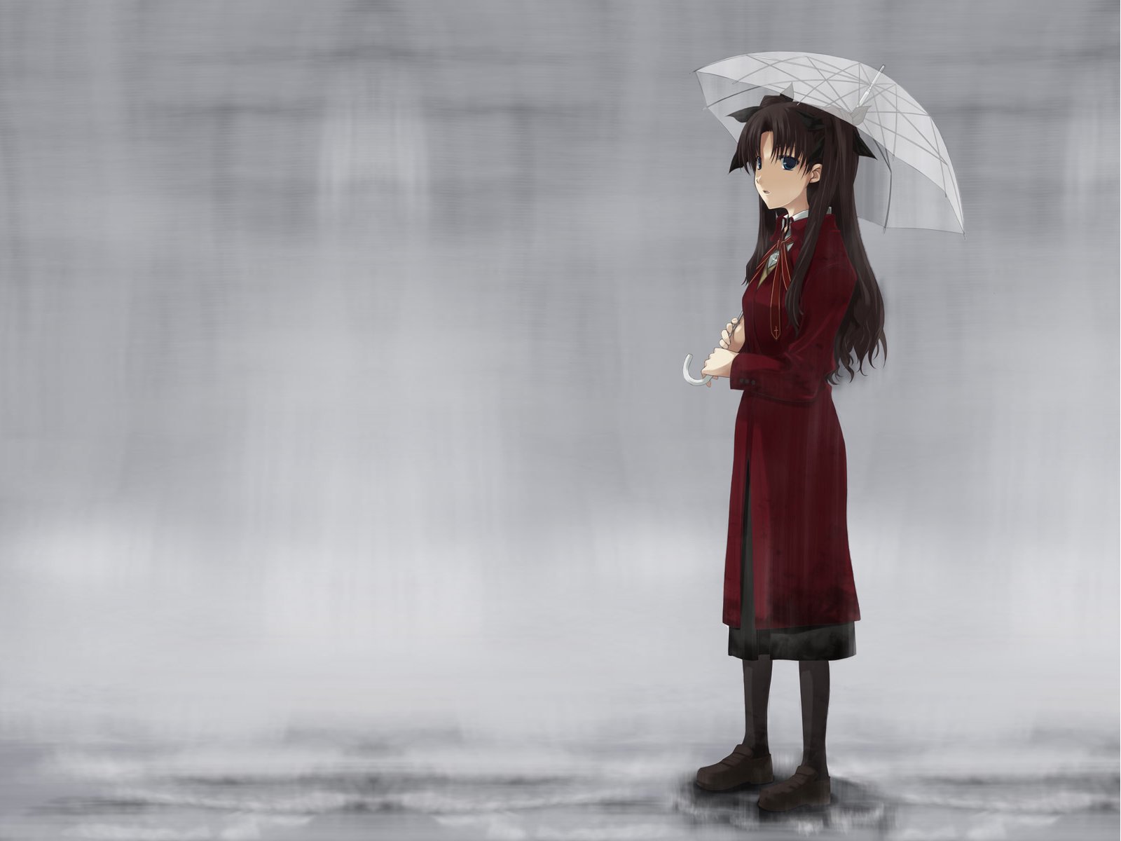Rin Tohsaka from Fate/Stay Night stands holding a white umbrella against a muted gray background in this HD anime desktop wallpaper.