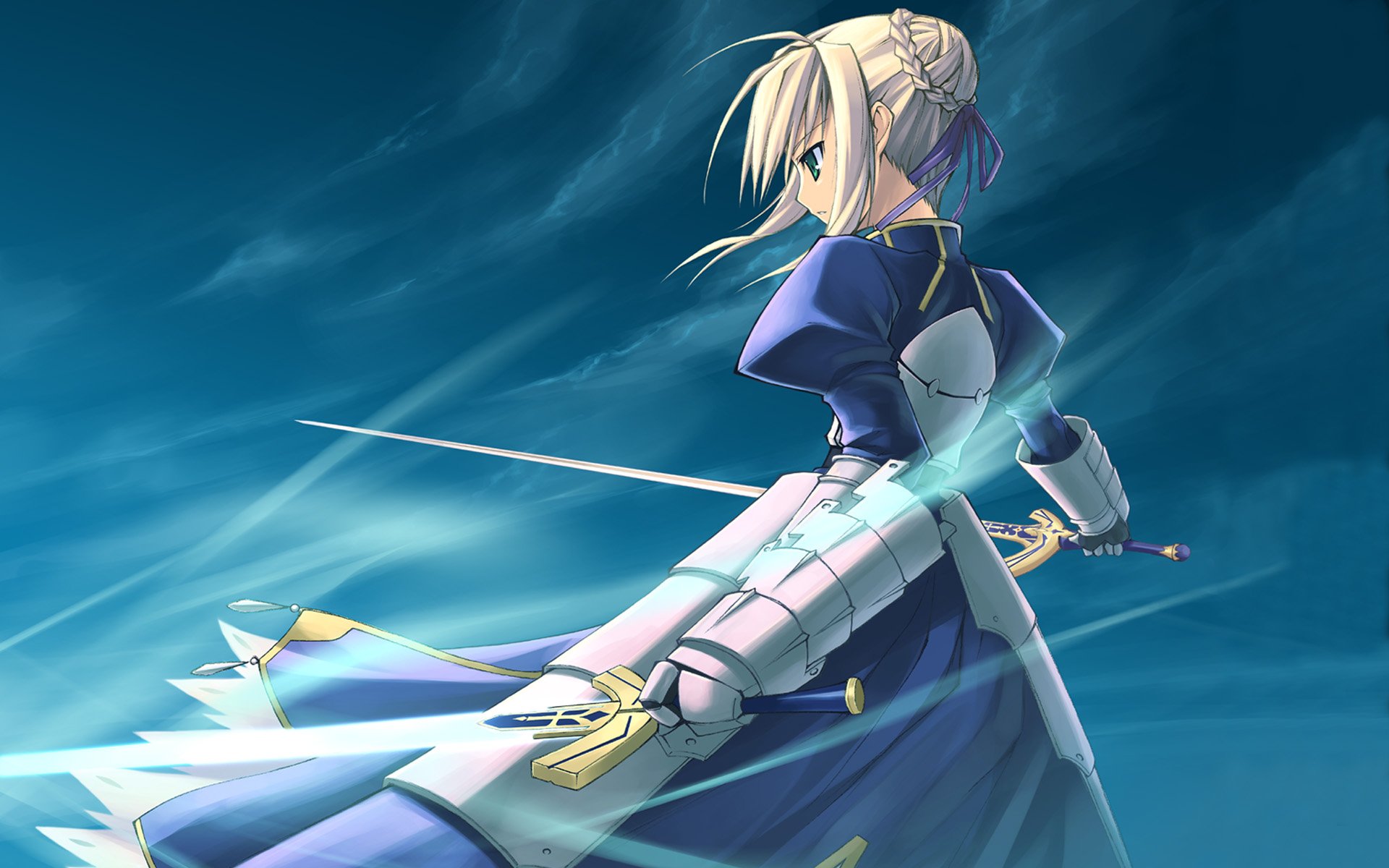 A high-definition desktop wallpaper featuring Saber from the Fate Series, showcasing her in a dynamic pose with a sword against a dramatic blue background.