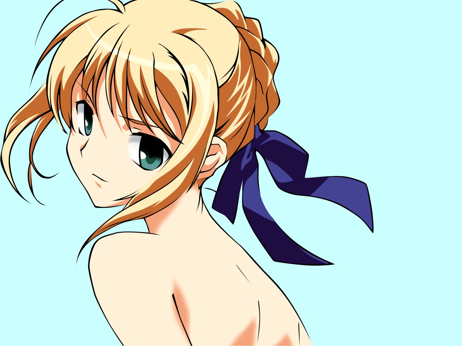 HD PC desktop wallpaper featuring Saber from the Fate/Stay Night anime series, showcasing her with braided blonde hair and a blue ribbon against a light blue background.
