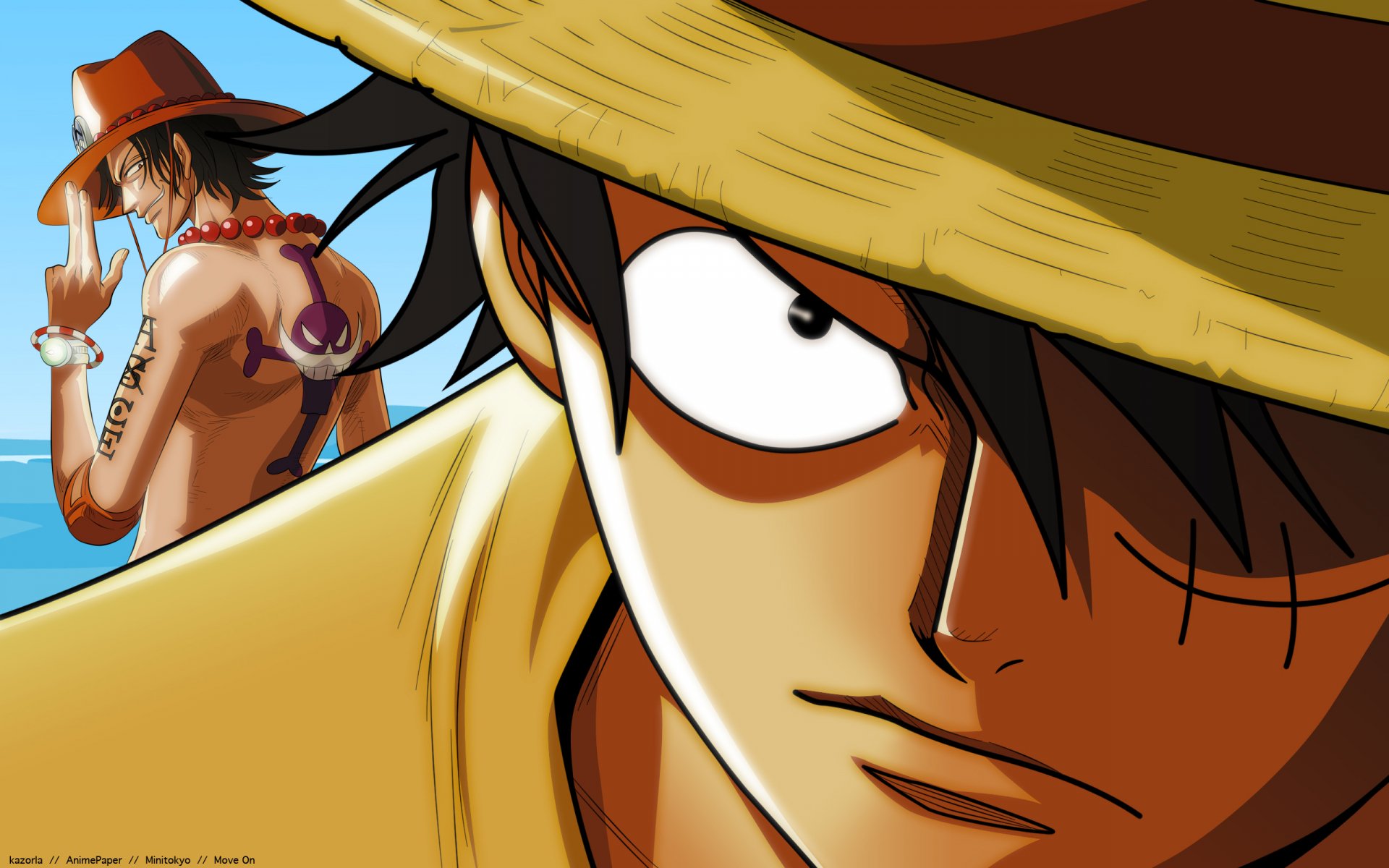 High-definition wallpaper featuring Monkey D. Luffy and Portgas D. Ace from the anime One Piece, showcasing their iconic looks against a vibrant background.