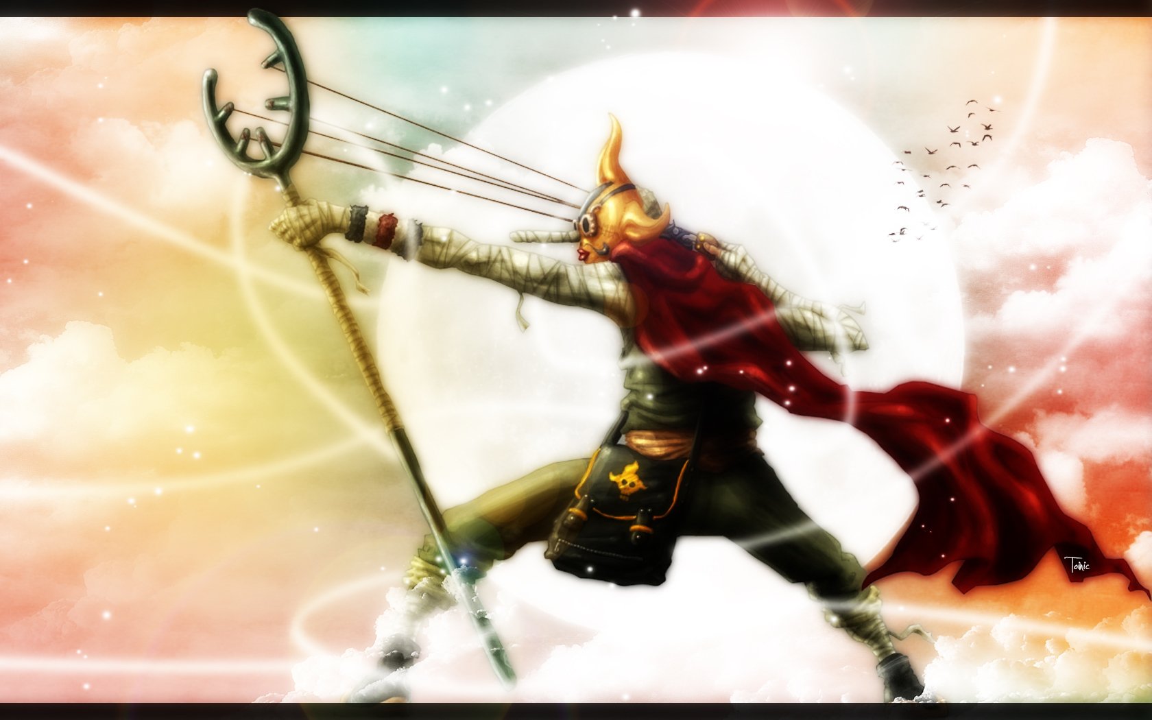 HD PC desktop wallpaper featuring Usopp from the anime One Piece, dynamically posed with his slingshot against a glowing sky and full moon background.