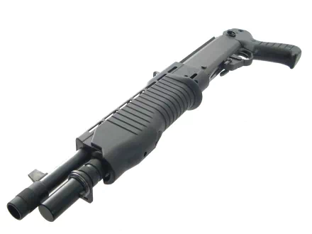 HD desktop wallpaper featuring a detailed, man-made shotgun isolated on a white background.