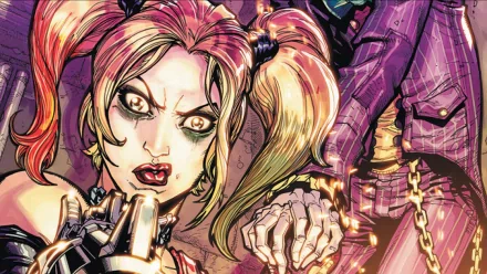 HD comic-style desktop wallpaper featuring a fierce Harley Quinn with vibrant colors and dynamic details, capturing her intense and chaotic persona.