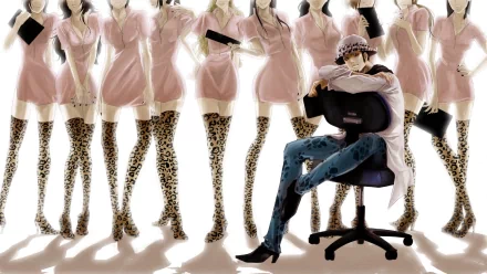 An HD desktop wallpaper featuring Trafalgar Law from the anime One Piece, surrounded by smiling nurses in pink dresses and thigh-high leopard print boots, all holding clipboards, as he sits on a chair.