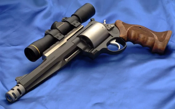 A detailed HD wallpaper featuring a Smith & Wesson revolver with a telescopic sight, set against a smooth blue background, showcasing its distinct design and craftsmanship.