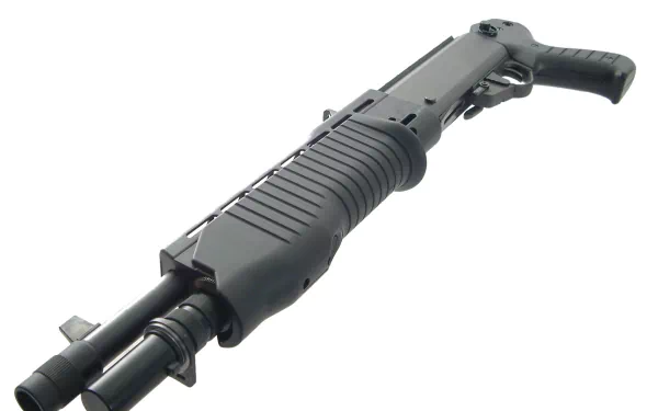 HD desktop wallpaper featuring a detailed, man-made shotgun isolated on a white background.