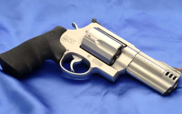 HD PC desktop wallpaper: man-made Smith & Wesson revolver close-up on a blue fabric background, stainless frame and black grip.