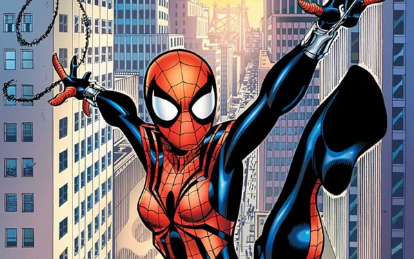 A dynamic comic-style illustration of Spider-Girl swinging through a city skyline, presented as a high-definition PC desktop wallpaper and background.