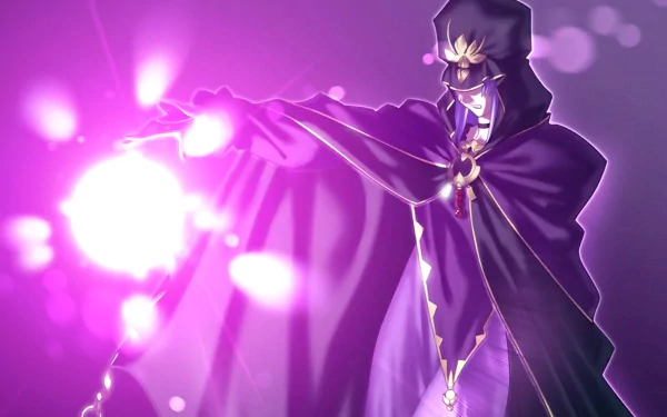 A vibrant HD wallpaper featuring Caster from Fate/Stay Night, dramatically conjuring a magical orb with a mystical aura, set against a purple background.