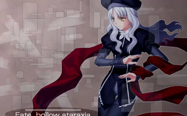 HD anime wallpaper featuring Caren Hortensia from Fate/Hollow Ataraxia in a dark outfit with flowing scarf, set against a geometric, muted background.