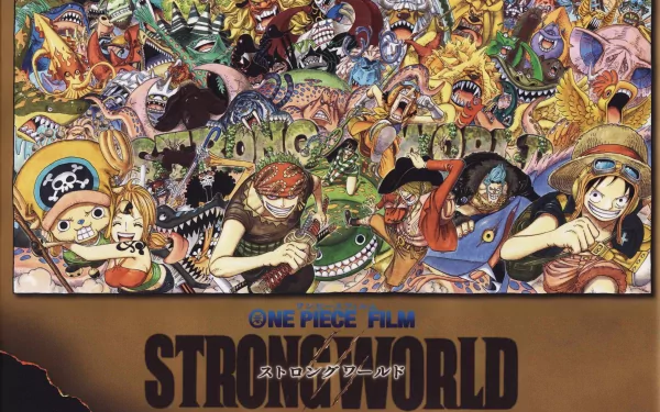 An HD desktop wallpaper featuring Monkey D. Luffy, Franky, Sanji, Usopp, Nico Robin, Roronoa Zoro, Brook, Nami, and Tony Tony Chopper from the anime One Piece, promoting the film Strong World.