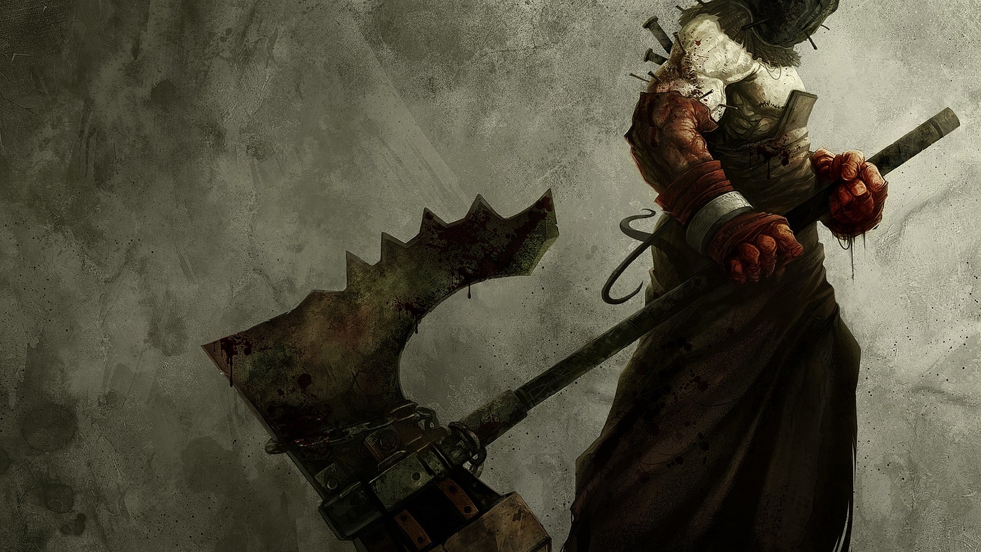HD PC desktop wallpaper featuring a menacing character from the video game Resident Evil 5, holding a large, jagged weapon against a textured, dark background.