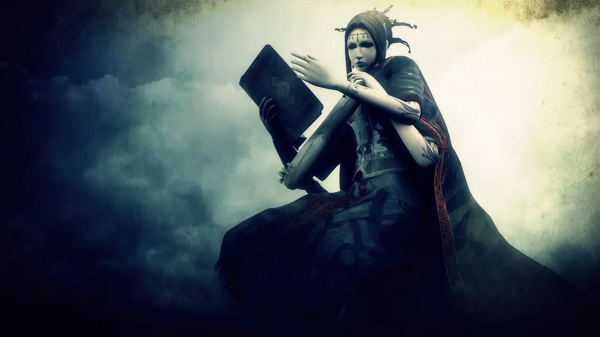 HD PC desktop wallpaper/background: Demon's Souls video game artwork of a cloaked, jester-capped figure clutching a grimoire amid swirling dark mist.