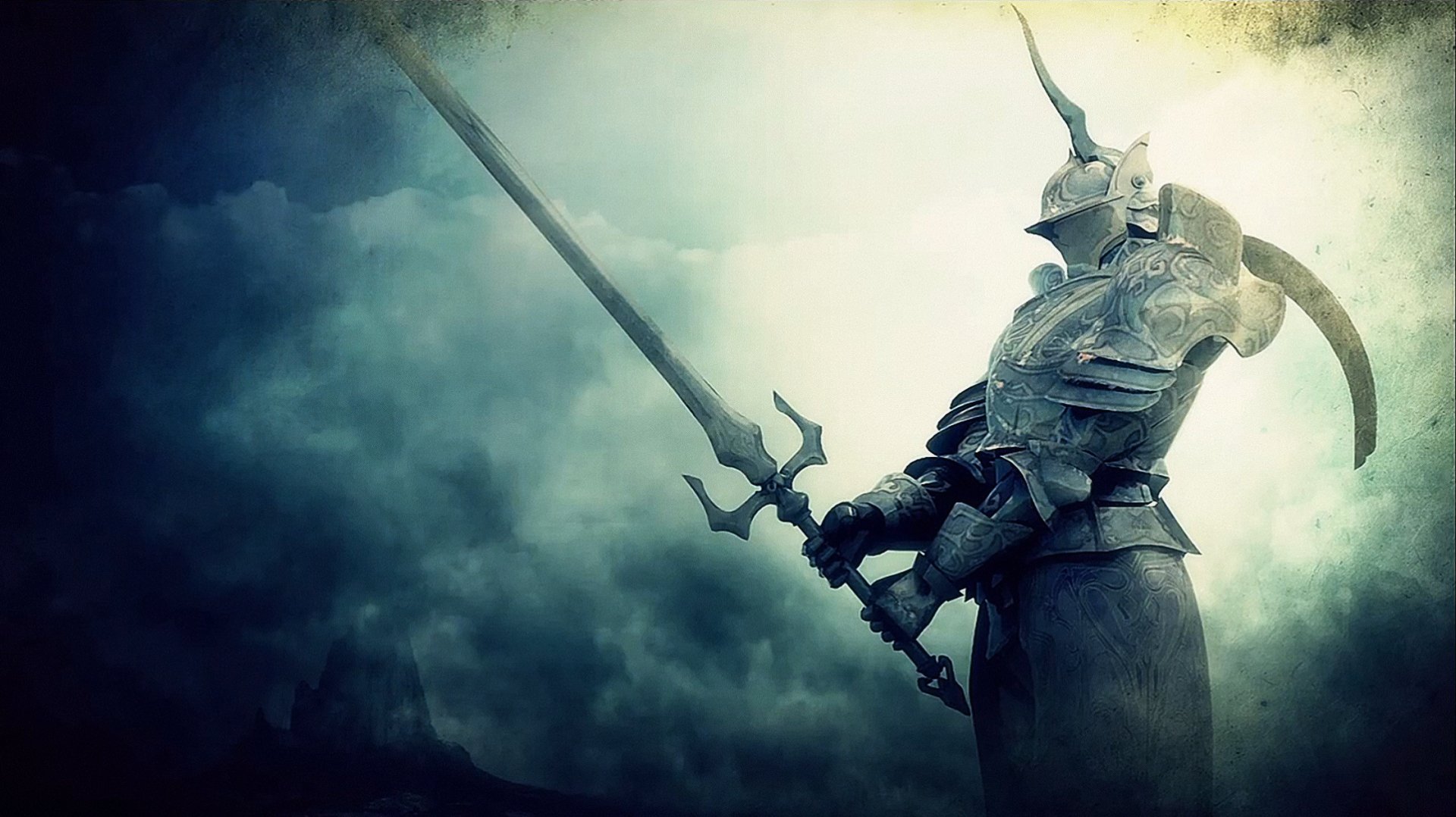 HD PC desktop wallpaper featuring a heavily armored knight wielding a large sword from the video game Demon's Souls, set against a dark, misty background.