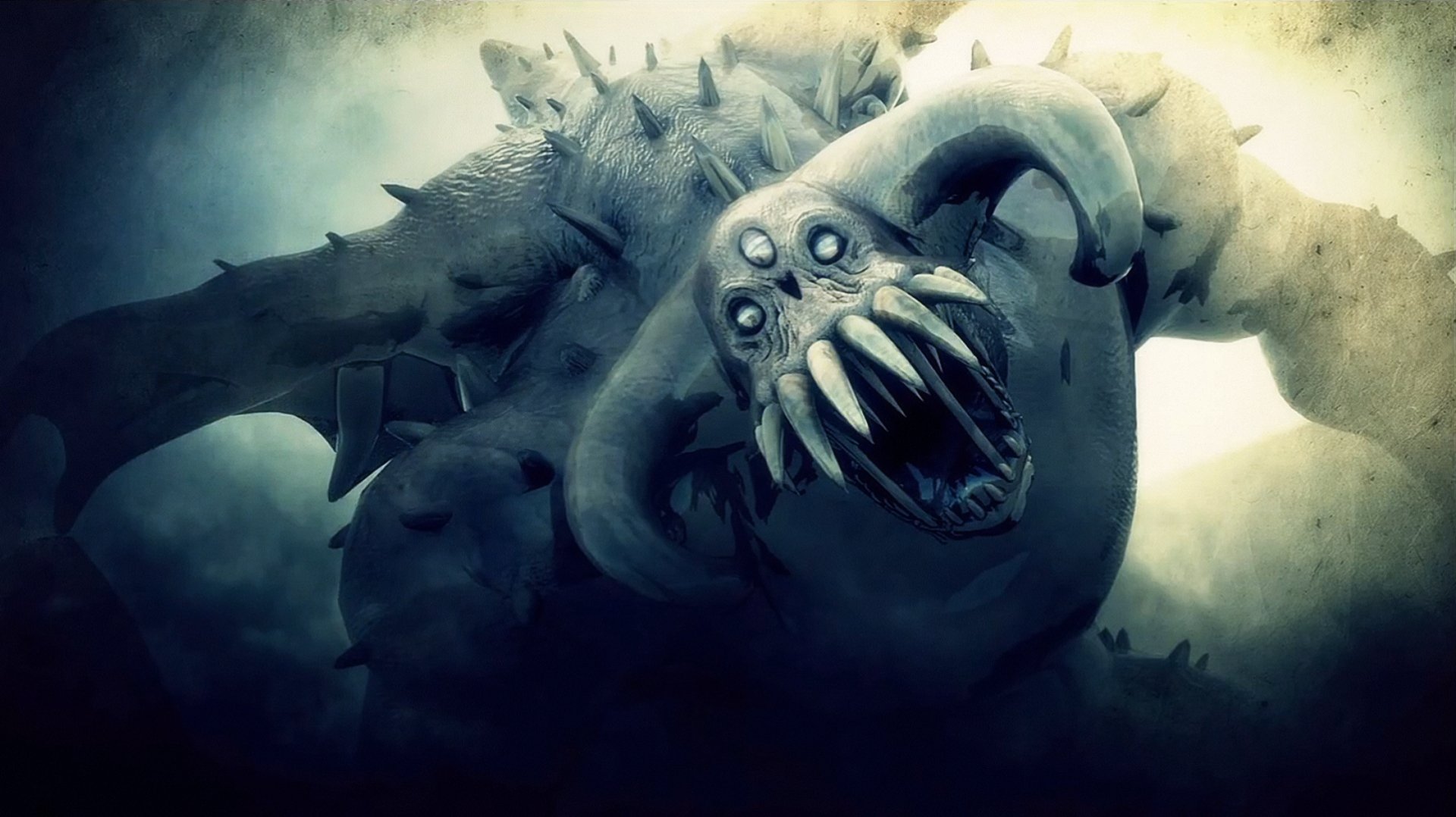HD PC desktop wallpaper featuring a monstrous creature from the video game Demon's Souls, showcasing dark, eerie fantasy art with sharp teeth and multiple eyes.