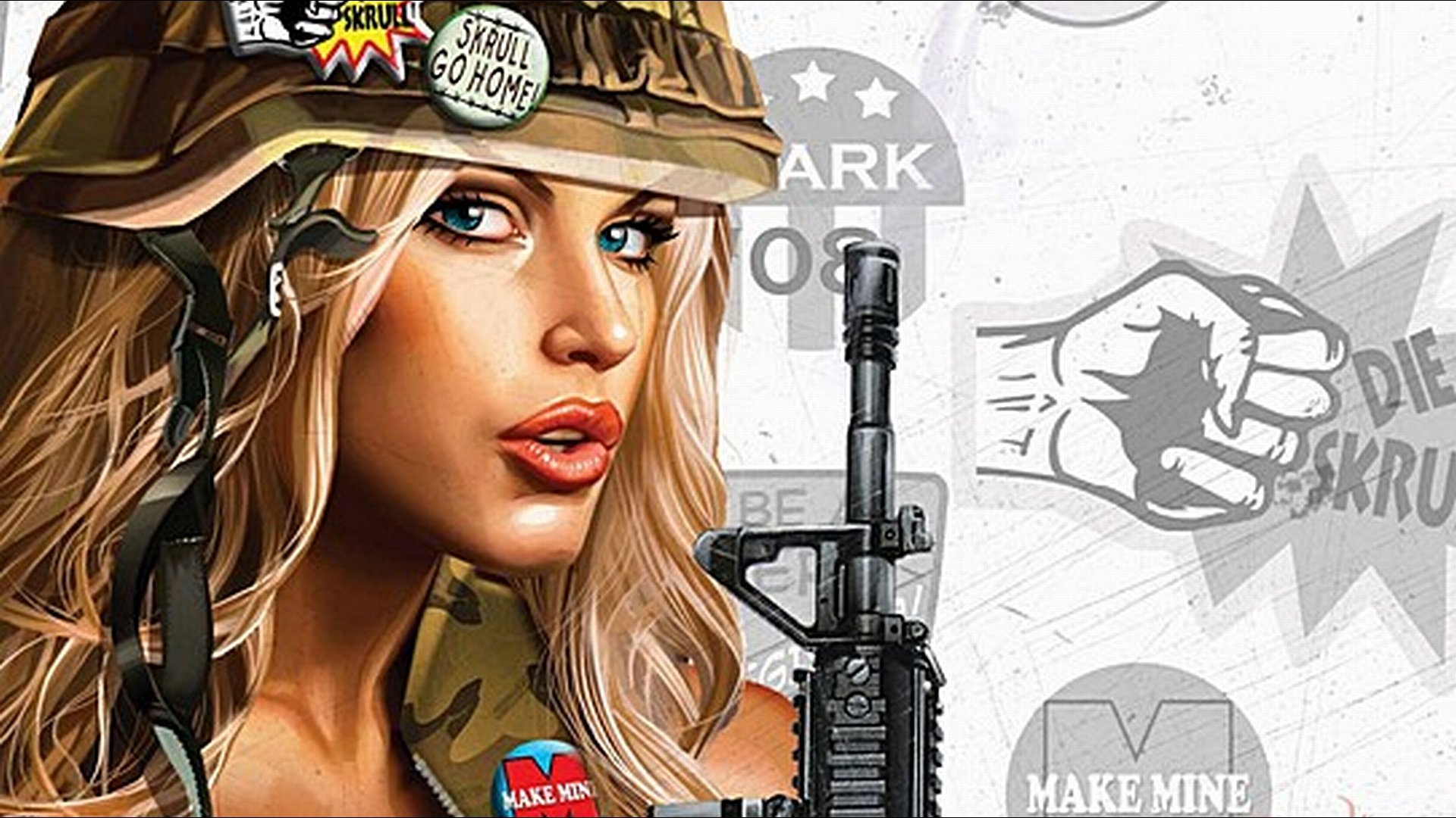 HD PC desktop wallpaper/background: comic-style Ms. Marvel in a camo helmet, close-up portrait holding a rifle with bold stencil graphics, badges and pop-art accents.