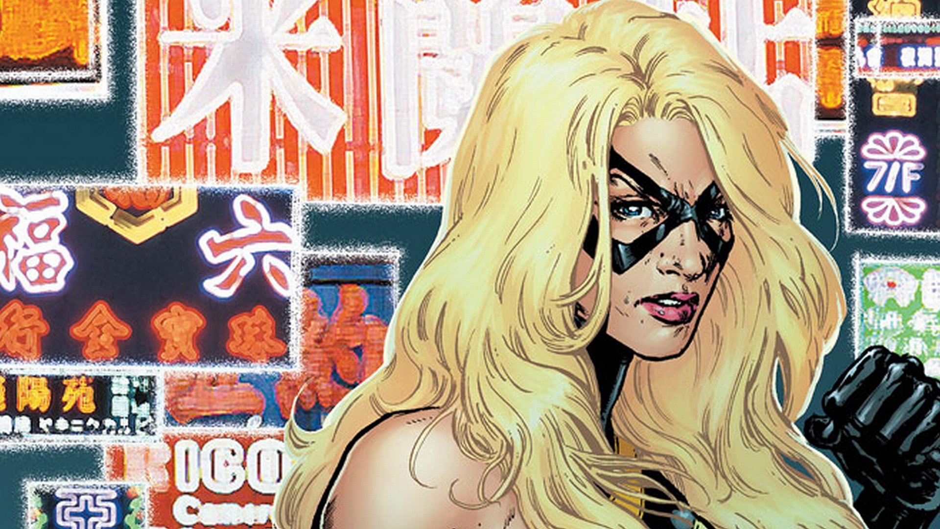 HD PC desktop wallpaper of Ms. Marvel (comic): blonde heroine with black eye mask and leather glove posed against neon-lit Asian city signage background.
