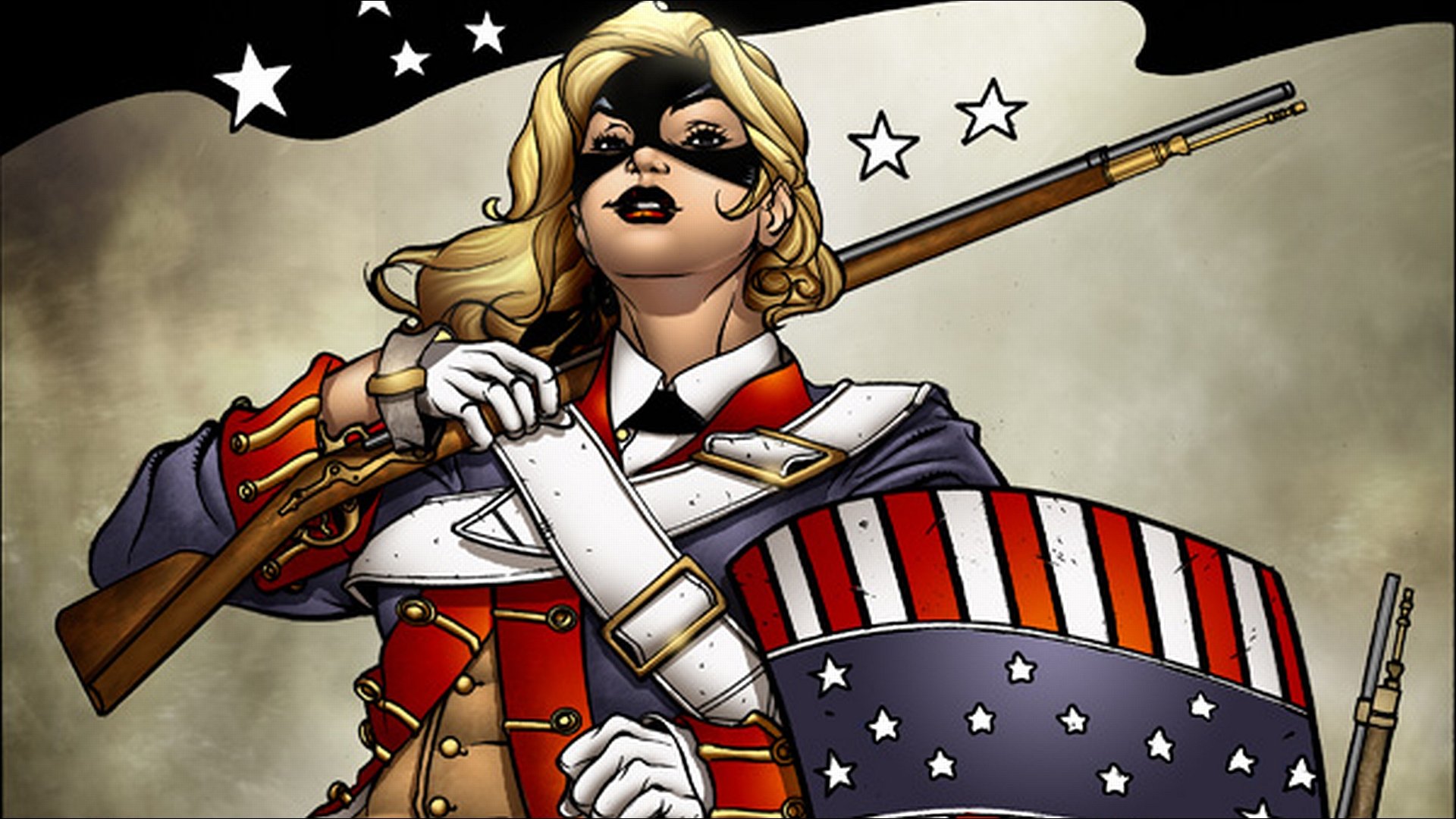 HD PC desktop wallpaper of Magdalena (Comics): blonde, masked heroine in a colonial-style uniform holding a musket and a stars-and-stripes shield against a starry sky.