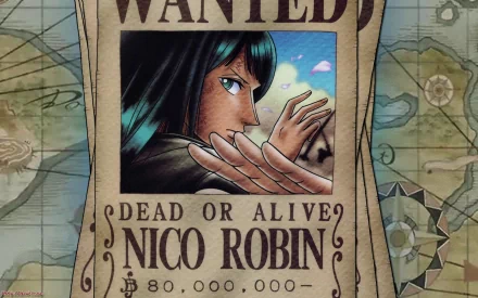 A vibrant HD wallpaper featuring a 'Wanted' poster for Nico Robin from the anime One Piece, showcasing her striking expression and dynamic pose against a map background.