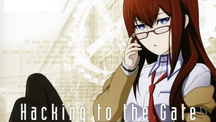 Kurisu Makise from Steins;Gate is featured in this HD anime wallpaper, showcasing her with glasses, deep in thought, amid a backdrop of scientific elements.