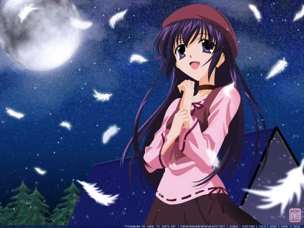 Anime HD PC desktop wallpaper featuring Sola under a moonlit sky with floating feathers and a starry night background.