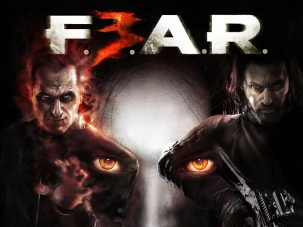 HD PC desktop wallpaper featuring intense characters and fiery eyes from the video game F.E.A.R. 3, capturing a dark and suspenseful atmosphere.
