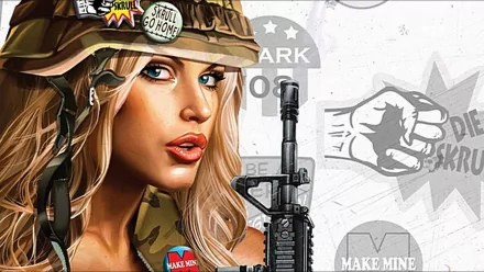 HD PC desktop wallpaper/background: comic-style Ms. Marvel in a camo helmet, close-up portrait holding a rifle with bold stencil graphics, badges and pop-art accents.