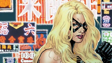 HD PC desktop wallpaper of Ms. Marvel (comic): blonde heroine with black eye mask and leather glove posed against neon-lit Asian city signage background.