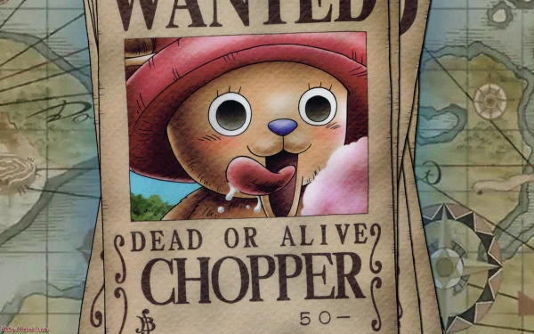HD desktop wallpaper featuring Tony Tony Chopper from the anime One Piece on a wanted poster, playfully showcasing his adorable expression and vibrant colors.